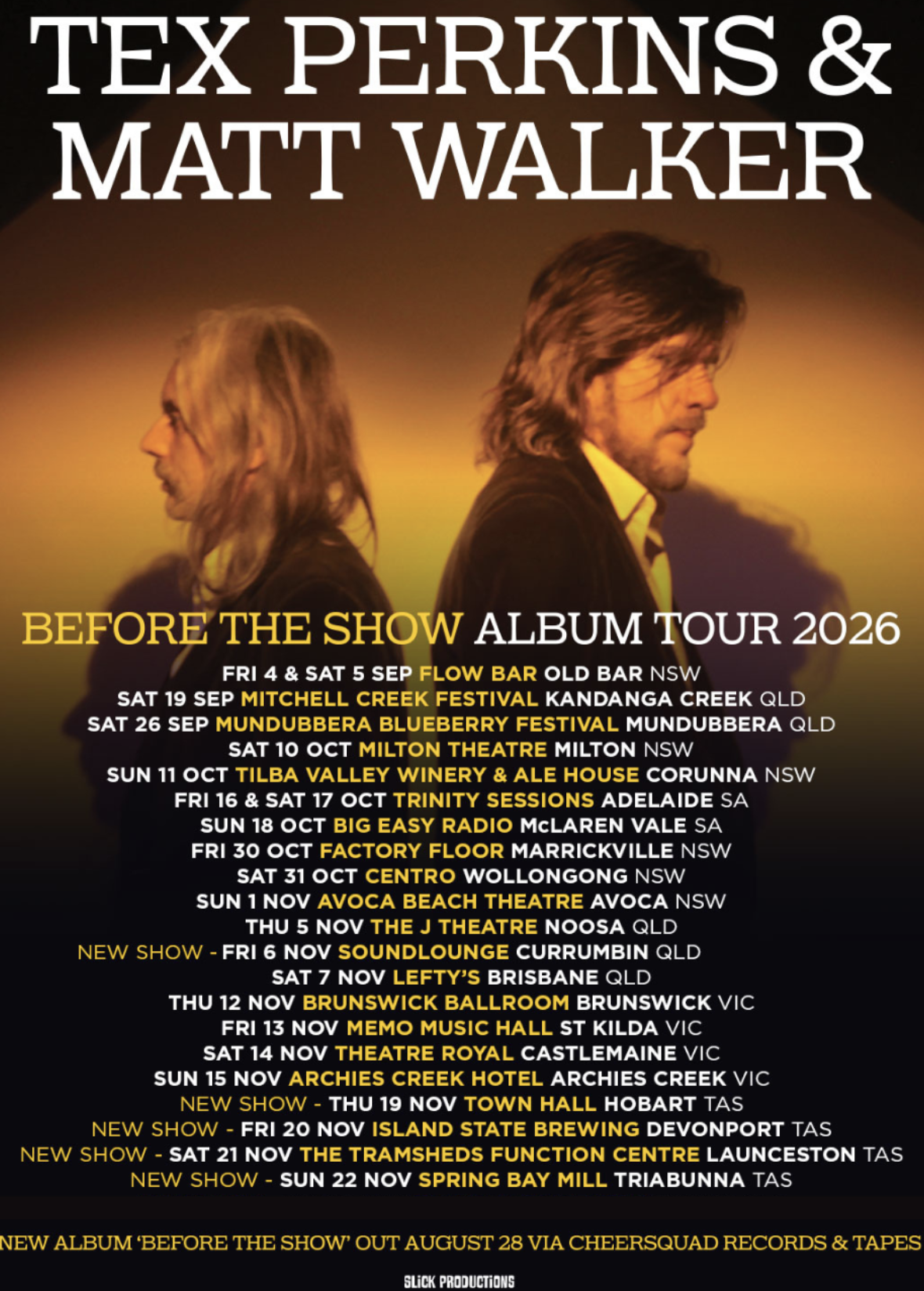 Tex Perkins and Matt Walker Before The Show Album Tour 2026 poster with warm profile photos and Australian live concert dates and venues.